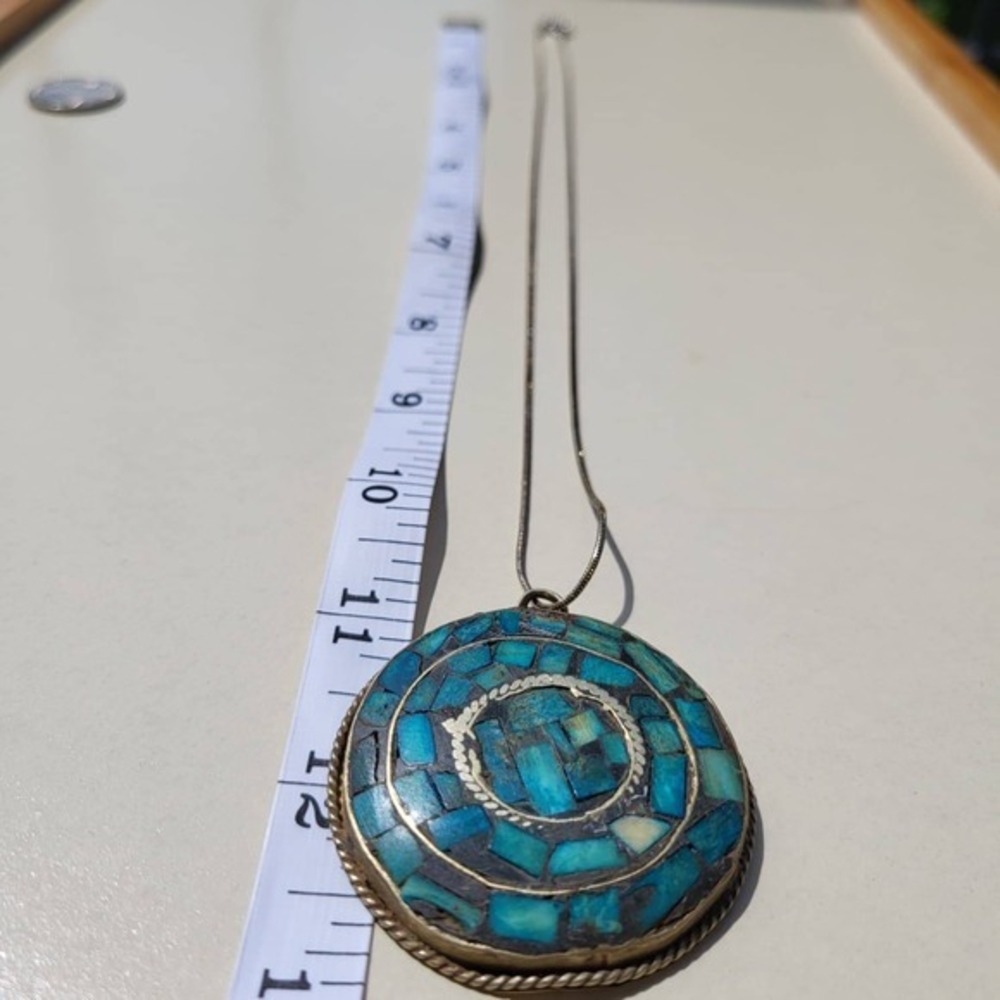 Vintage Mosaic Pendant Necklace Turquoise Blue Boho Round Medallion Silver Chain - Picture 2 of 6